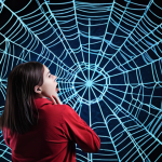 **Cybersecurity Concept:** A tangled web of digital code and locks, symbolizing the challenges of cybersecurity. Add a stressed person trying to navigate the mess. Include a warning message like "¡Peligro! Ciberataque!" Use dark blue and red tones to convey danger.