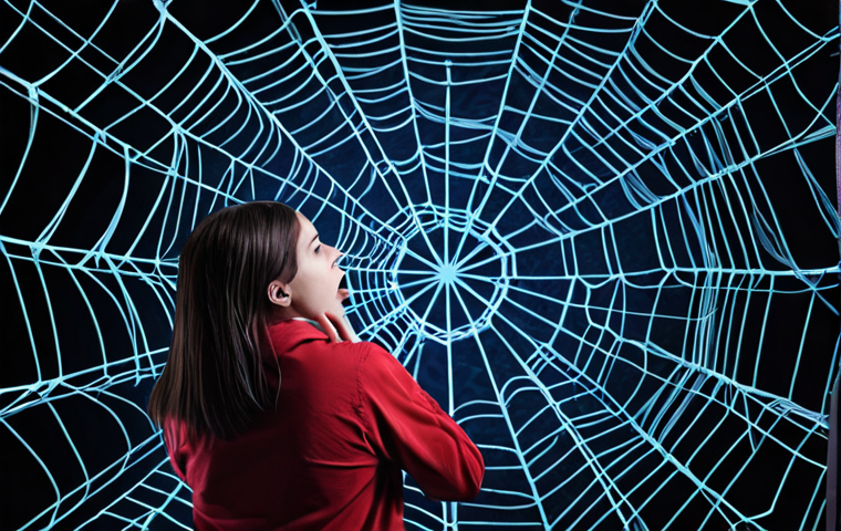 **Cybersecurity Concept:** A tangled web of digital code and locks, symbolizing the challenges of cybersecurity. Add a stressed person trying to navigate the mess. Include a warning message like "¡Peligro! Ciberataque!" Use dark blue and red tones to convey danger.