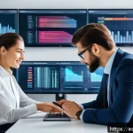 Home 21 웹 생태계의 디지털 자산 관리 - A modern digital asset management office scene with diverse professionals collaborating around large...