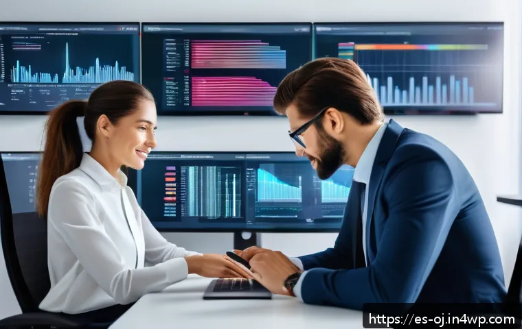 웹 생태계의 디지털 자산 관리 - A modern digital asset management office scene with diverse professionals collaborating around large...