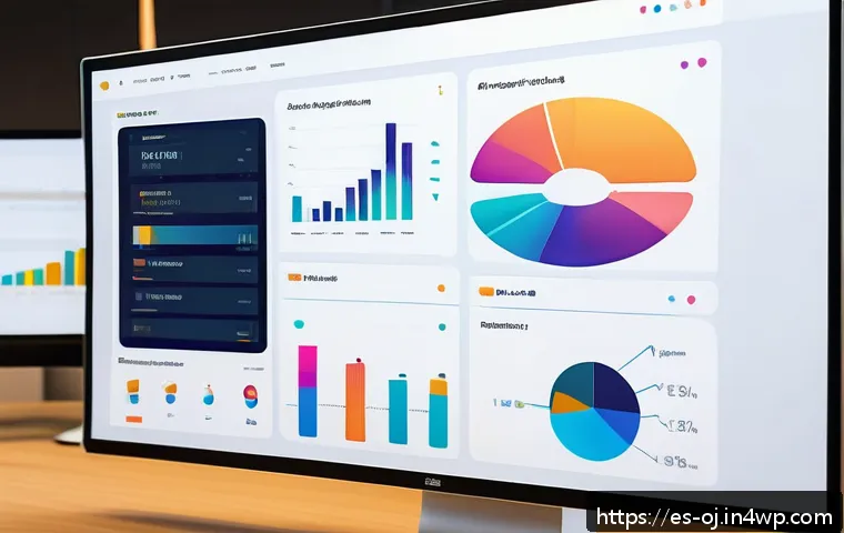 데이터 시각화와 웹 생태계 - A vibrant, modern digital dashboard displaying colorful, harmonious data visualizations with smooth ...