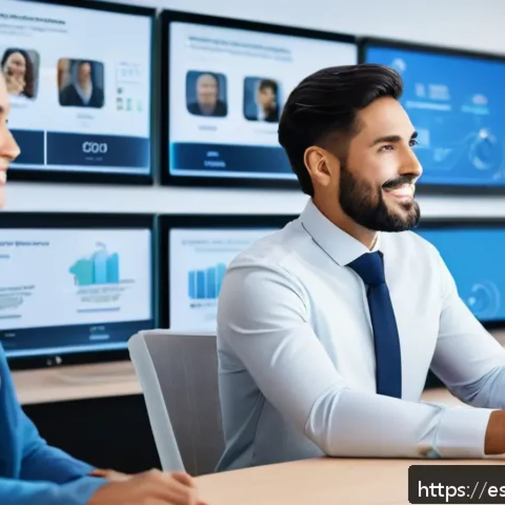 웹 생태계에서의 자동화 사례 - A modern customer service center featuring a diverse group of Hispanic professionals interacting sea...
