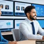 Home 19 웹 생태계에서의 자동화 사례 - A modern customer service center featuring a diverse group of Hispanic professionals interacting sea...