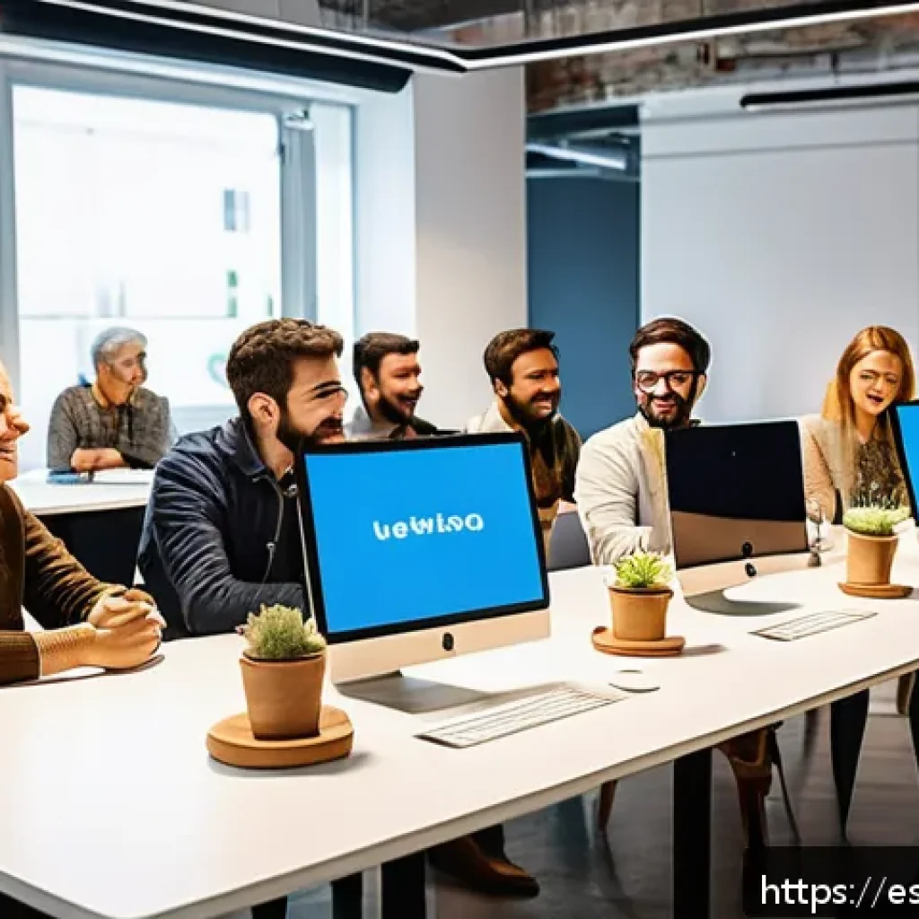 웹 생태계의 커뮤니티 구축 전략 - A vibrant digital community forum scene set in a modern coworking space in Madrid, Spain, featuring ...