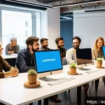 Home 18 웹 생태계의 커뮤니티 구축 전략 - A vibrant digital community forum scene set in a modern coworking space in Madrid, Spain, featuring ...