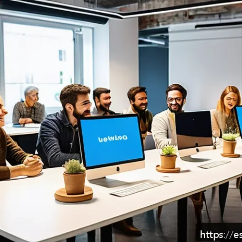 Home 30 웹 생태계의 커뮤니티 구축 전략 - A vibrant digital community forum scene set in a modern coworking space in Madrid, Spain, featuring ...