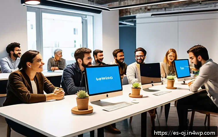 웹 생태계의 커뮤니티 구축 전략 - A vibrant digital community forum scene set in a modern coworking space in Madrid, Spain, featuring ...