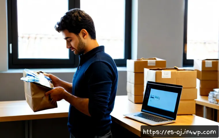 웹 생태계에서의 유통 채널 변화 - Photorealistic modern e-commerce fulfillment workspace in Madrid, Spain, showing a small business ow...